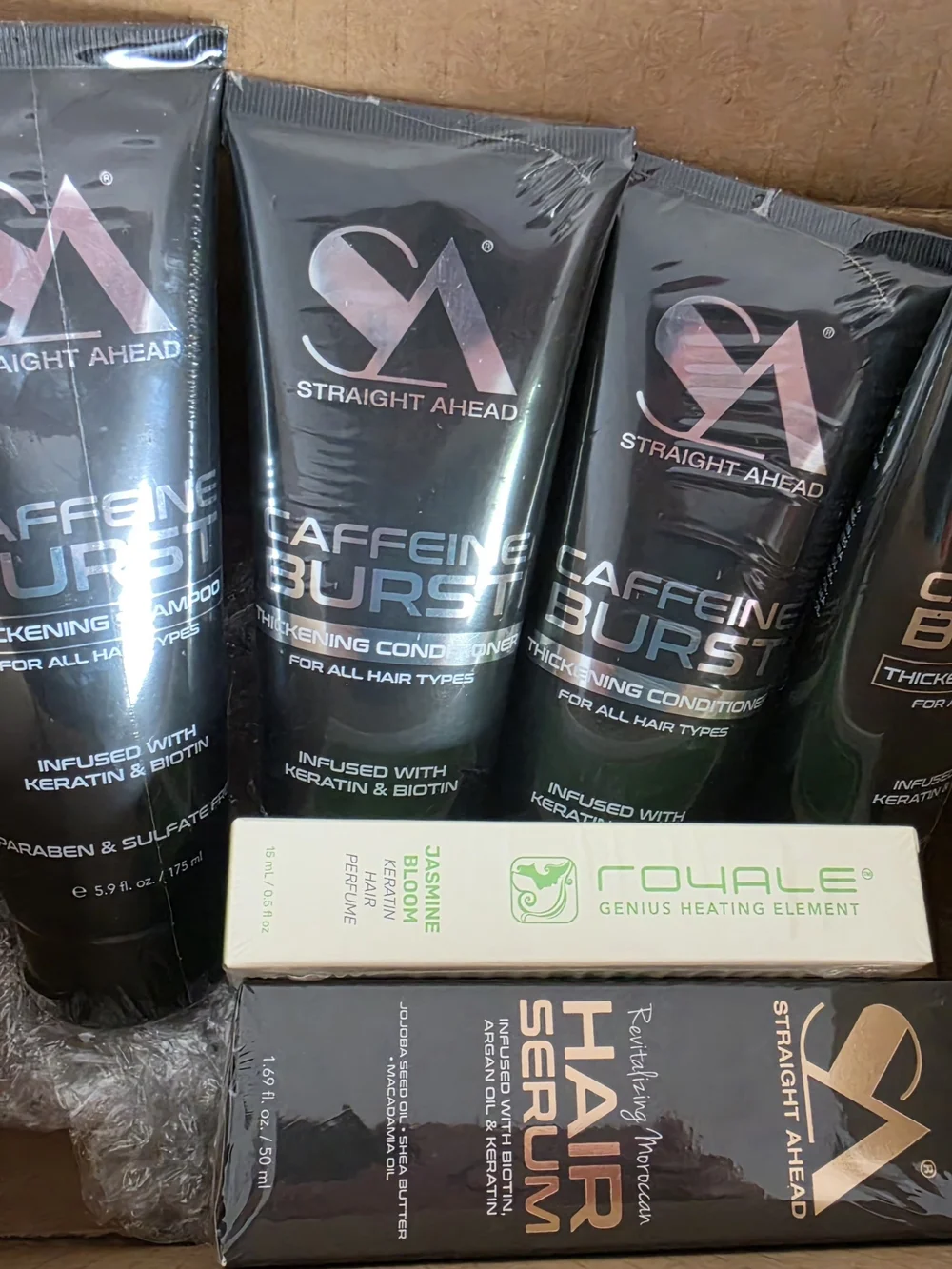Caffeine Burst Thickening Shampoo - Black. Box containing 6 products: 2 shampoos
